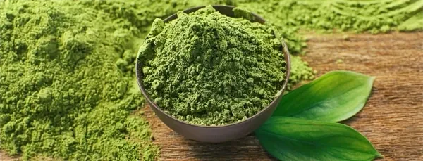 Green tea leaves and a bowl of bright green tea powder