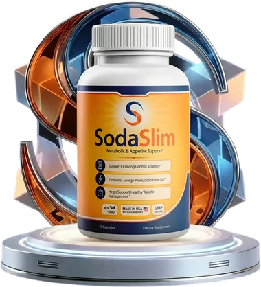 A white SodaSlim bottle with an orange and navy label on a round display stand, framed by a blue and orange swirl