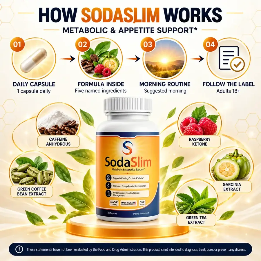 Brand graphic titled How SodaSlim Works with four tiles: daily capsule, formula inside, morning routine and follow the label