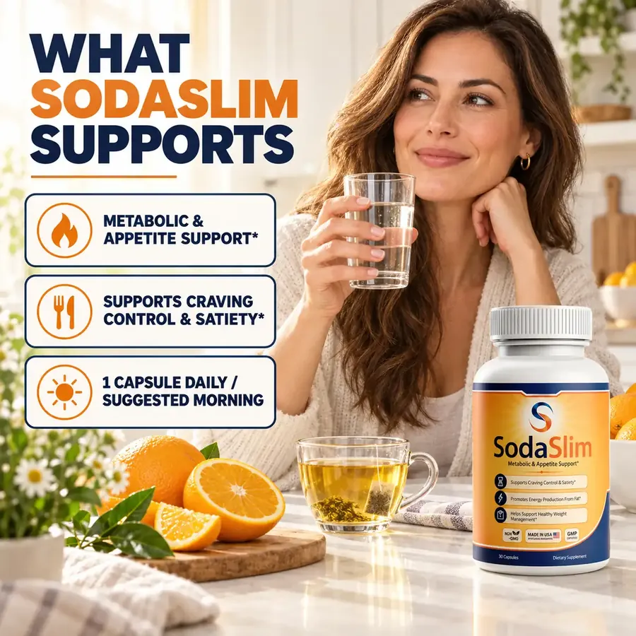 Brand graphic titled What SodaSlim Supports listing metabolic and appetite support, craving control and satiety, and one capsule daily